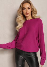 Renee - Fioletowy Oversizowy Sweter o Przedłużonym Fasonie z Rękawami Typu Nietoperz Porunxa. Kolor: fioletowy. Długość: długie. Sezon: jesień, zima #4