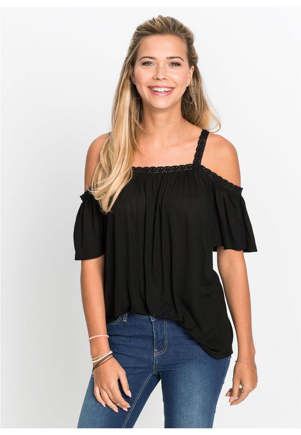 Shirt cold-shoulder z koronką bonprix czarny. Kolor: czarny. Materiał: koronka. Wzór: koronka