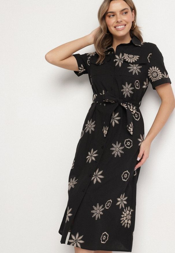 Born2be - Czarna Koszulowa Sukienka z Wiskozy z Haftowanymi Kwiatami i Paskiem Diviera. Kolor: czarny. Materiał: wiskoza. Wzór: haft, kwiaty. Typ sukienki: koszulowe. Styl: boho