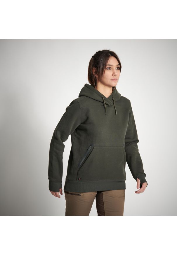 SOLOGNAC - Bluza damska z kapturem. Typ kołnierza: kaptur. Kolor: zielony. Materiał: polar, materiał. Sport: outdoor