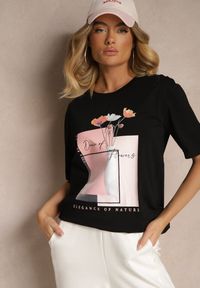 Renee - Czarny T-shirt Oversize z Bawełny Zdobiony Nadrukiem Setolina. Okazja: na co dzień. Kolor: czarny. Materiał: bawełna. Wzór: aplikacja, nadruk. Styl: klasyczny, casual, elegancki