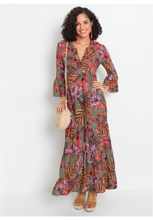 bonprix - Długa sukienka z lejącej wiskozy. Kolor: zielony. Materiał: wiskoza. Wzór: nadruk, kwiaty. Sezon: lato. Długość: maxi