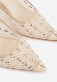 Renee - Złote Sandały Slingback na Szpilce z Siateczki Zdobione Cyrkoniami Lilinyra. Nosek buta: szpiczasty. Kolor: złoty. Materiał: skóra. Wzór: aplikacja. Obcas: na szpilce. Styl: elegancki #8