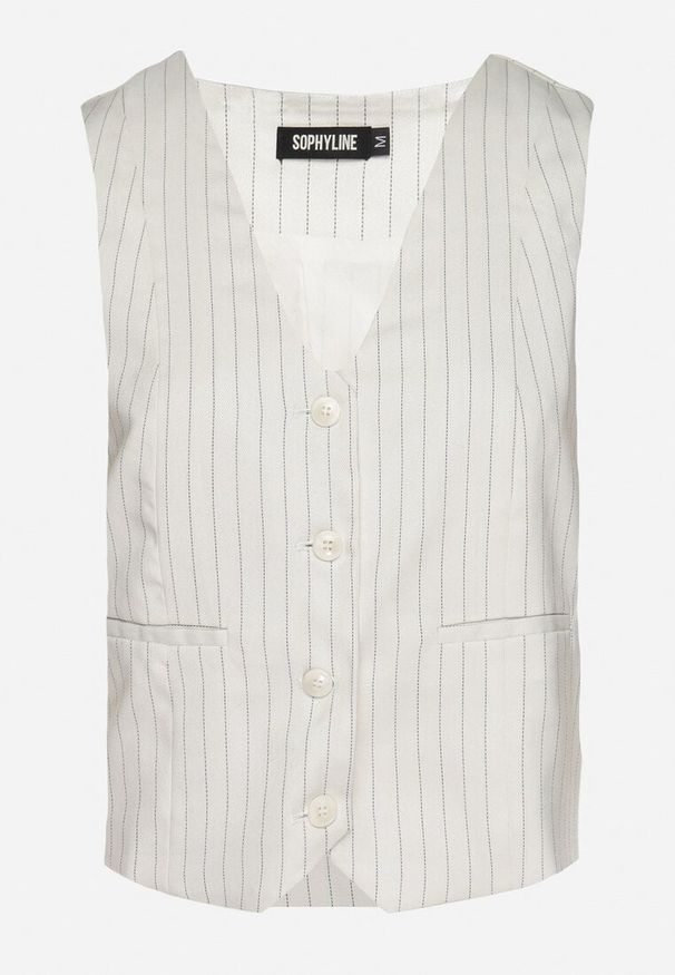 Born2be - Jasnobeżowa Garniturowa Kamizelka z Bawełną i Lnem w Paski Ivelsela. Okazja: na co dzień. Kolor: beżowy. Materiał: bawełna, len. Wzór: paski. Styl: casual, elegancki