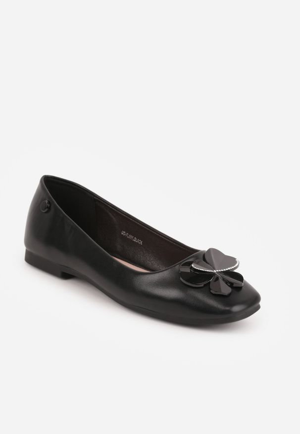 Born2be - Czarne Eleganckie Balerinki z Cyrkoniami i Metaliczną Ozdobą Olenope. Okazja: na spotkanie biznesowe, na co dzień. Kolor: czarny. Wzór: aplikacja. Styl: elegancki