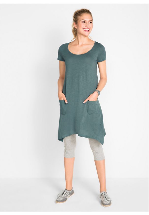 bonprix - Krótka sukienka bawełniana z przędzy mieszankowej, krótki rękaw. Kolor: zielony. Materiał: bawełna. Długość rękawa: krótki rękaw. Długość: mini