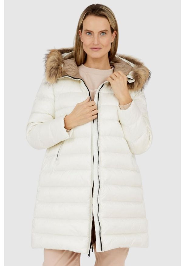 Blauer USA - BLAUER Ecru kurtka puchowa damska z odpinanym futrem jenota, Rozmiar S. Kolor: biały. Materiał: futro, puch