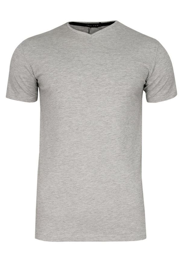 Szary Jednokolorowy T-shirt Męski, Krótki Rękaw -Just Yuppi- Koszulka, BASIC, w Serek, V-neck. Okazja: na co dzień. Typ kołnierza: dekolt w serek. Kolor: szary. Materiał: bawełna, elastan. Długość rękawa: krótki rękaw. Długość: krótkie. Styl: casual