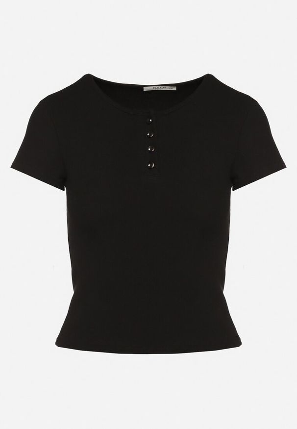 Born2be - Czarny T-shirt Bawełniany w Prążki z Guzikami Balirea. Okazja: na co dzień. Kolor: czarny. Materiał: bawełna. Wzór: prążki. Styl: elegancki, casual