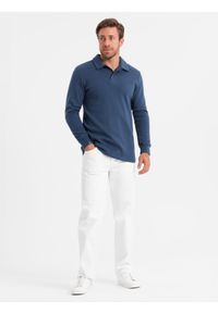 Ombre Clothing - Bluza męska z kołnierzykiem polo ze strukturalnej dzianiny - ciemnoniebieska V5 OM-SSNZ-0149 - XXL. Typ kołnierza: polo. Kolor: niebieski. Materiał: dzianina #4
