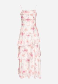 Born2be - Różowa Sukienka na Ramiączkach w Kwiaty Zdobiona Marszczeniem i Falbanami Revalea. Okazja: na imprezę, na co dzień. Typ kołnierza: dekolt kwadratowy. Kolor: różowy. Długość rękawa: na ramiączkach. Wzór: aplikacja, kwiaty. Styl: casual, elegancki #5