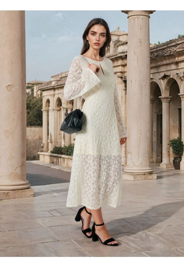 Sinsay - Sukienka maxi z koronkowej dzianiny i z rozszerzanym rękawem - kremowy. Kolor: kremowy. Materiał: dzianina, koronka. Długość: maxi