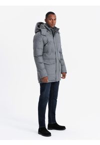 Ombre Clothing - Ciepła długa kurtka męska typu parka z wełną – szary melanż V1 - Rozmiar: M. Kolor: szary. Materiał: wełna. Długość: długie. Wzór: melanż