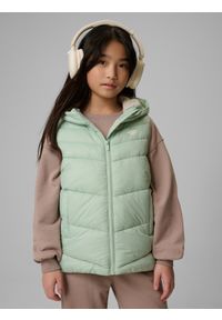 4f - 4F Bezrękawnik z wypełnieniem syntetycznym dziewczęcy - miętowy 140 (9-10 lat). Okazja: na spacer, na co dzień, na uczelnię. Typ kołnierza: kołnierzyk stójkowy. Kolor: turkusowy. Materiał: syntetyk. Długość rękawa: bez rękawów. Sezon: lato. Styl: casual #1