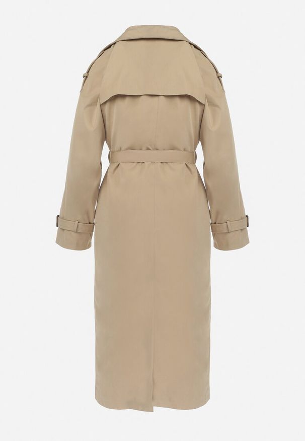 Born2be - Beżowy Długi Płaszcz Trencz Dwurzędowy z Paskiem w Talii Cadenite. Typ kołnierza: kolnierz wykładany. Kolor: beżowy. Długość: długie