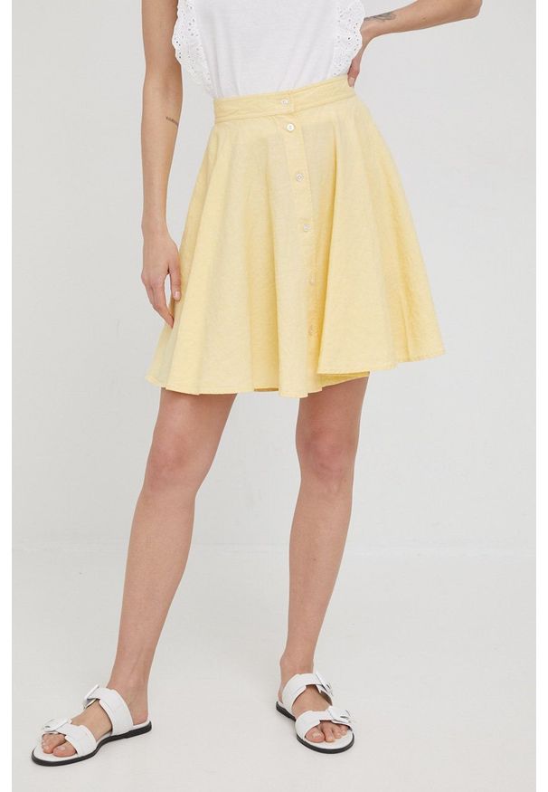 Polo Ralph Lauren spódnica lniana 211863646001 kolor żółty mini rozkloszowana. Kolor: żółty. Materiał: len