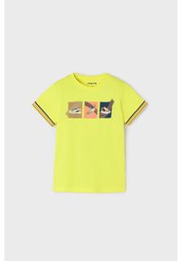 Mayoral T-shirt bawełniany dziecięcy kolor żółty z nadrukiem. Okazja: na co dzień. Kolor: żółty. Materiał: bawełna. Wzór: nadruk. Styl: casual
