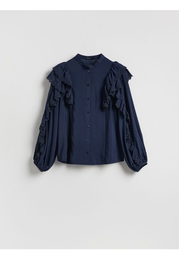 Reserved - Koszula z falbanami - granatowy. Kolor: niebieski. Materiał: wiskoza, tkanina