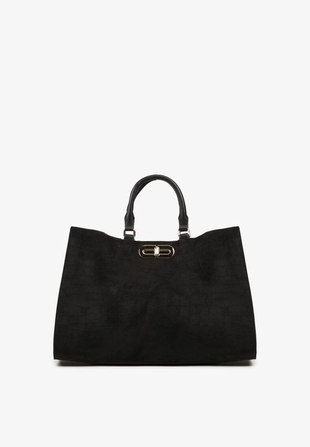 Renee - Czarna Torebka Typu Shopper z Imitacji Zamszu z Rączkami i Paskiem Crossbody Temige. Kolor: czarny. Materiał: zamszowe. Styl: klasyczny, biznesowy, casual, elegancki
