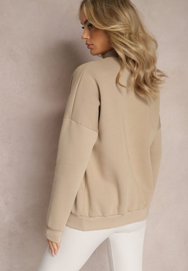 Renee - Beżowa Ocieplana Bluza Bawełniana z Półgolfem Heraia. Kolor: beżowy. Materiał: bawełna