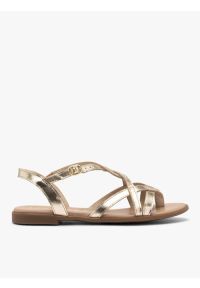 Ryłko - Platynowe sandały damskie płaskie. Nosek buta: okrągły. Zapięcie: pasek. Kolor: szary. Materiał: skóra. Wzór: paski. Sezon: lato. Obcas: na płaskiej podeszwie. Styl: street #1