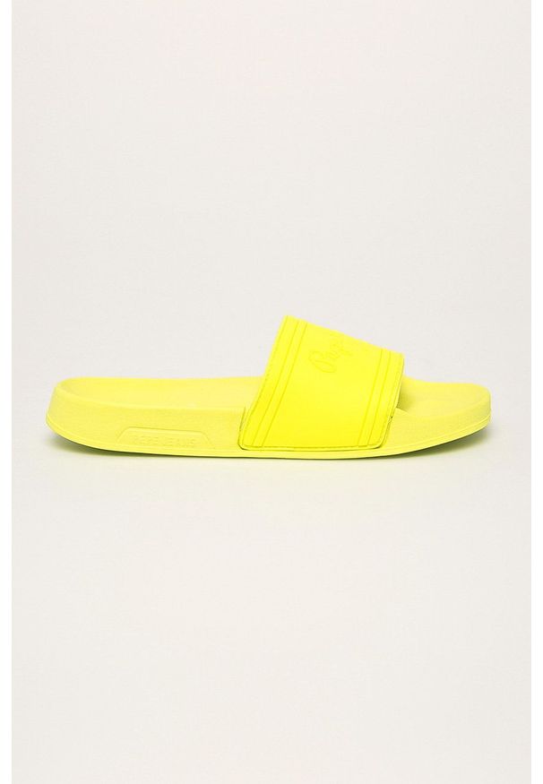 Pepe Jeans - Klapki Slider Unisex. Kolor: żółty. Materiał: materiał. Wzór: gładki. Obcas: na obcasie. Wysokość obcasa: niski