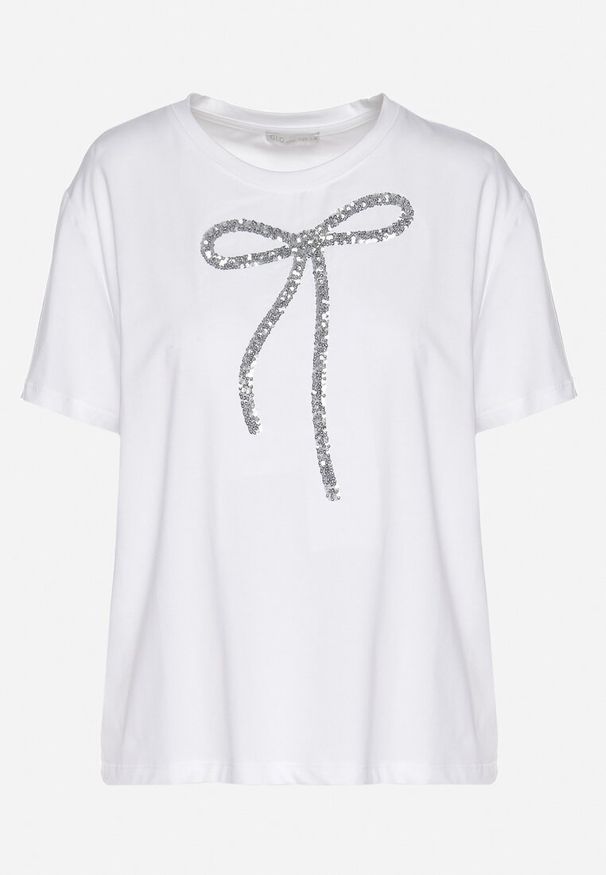 Born2be - Biały T-shirt Oversize z Bawełny Zdobiony Kokardą z Cekinów Tenesela. Okazja: na co dzień. Typ kołnierza: kokarda. Kolor: biały. Materiał: bawełna. Wzór: aplikacja. Styl: casual