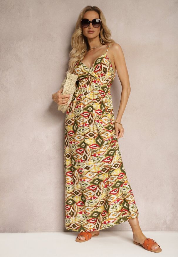 Renee - Żółto-Zielona Wiskozowa Sukienka z Dekoltem w Serek z Regulowanymi Ramiączkami i Gumką w Talii Bellastar. Okazja: na co dzień. Typ kołnierza: dekolt w serek. Kolor: żółty. Materiał: wiskoza. Długość rękawa: na ramiączkach. Styl: casual, elegancki