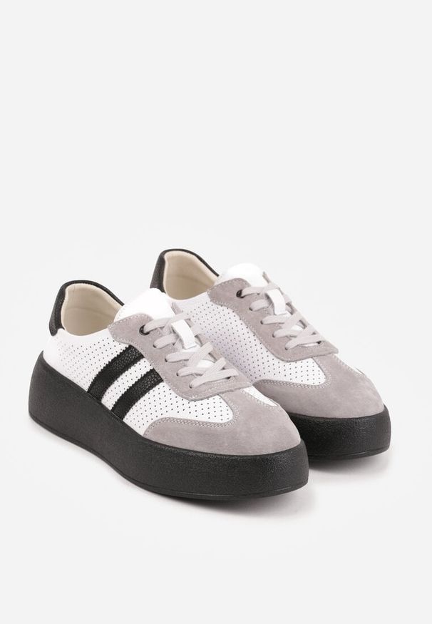Renee - Biało-Szare Sneakersy ze Skóry Naturalnej na Platformie z Perforacją i Paskami Urevla. Okazja: na co dzień. Zapięcie: pasek. Kolor: biały. Materiał: skóra. Obcas: na platformie