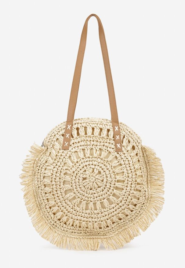 Renee - Jasnobeżowa Torebka z Plecionki o Okrągłym Kształcie Boho Tarantelia. Kolor: beżowy. Sezon: lato. Styl: boho