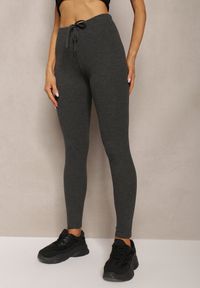 Renee - Ciemnoszare Legginsy ze Sznurkiem w Pasie z Elastycznej Bawełny Herccena. Kolor: szary. Materiał: bawełna #5