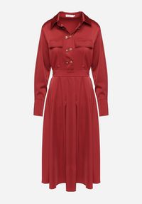 Born2be - Bordowa Rozkloszowana Sukienka o Koszulowym Kroju z Imitacją Kieszeni i Gumką w Talii Rizza. Okazja: na co dzień. Kolor: czerwony. Typ sukienki: koszulowe. Styl: wizytowy, klasyczny, casual, elegancki #2