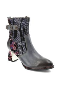Niebieskie Botki Laura Vita Gustowne Buty Na Obcasie. Zapięcie: sprzączka. Kolor: niebieski. Materiał: skóra. Wzór: kwiaty, aplikacja. Obcas: na obcasie. Styl: elegancki. Wysokość obcasa: średni