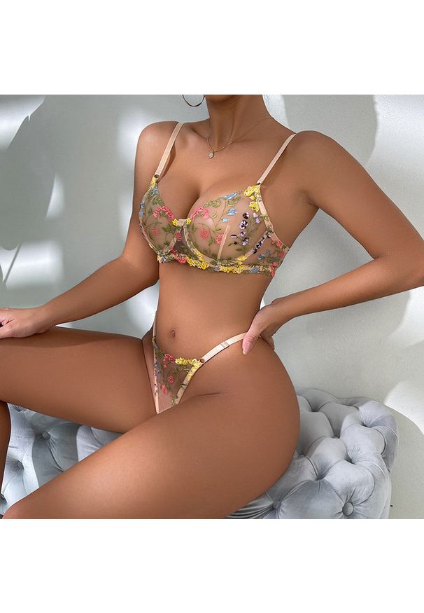 Intica - Komplet bielizny z fiszbinami i haftem Cherida. Kolor: wielokolorowy. Materiał: materiał. Wzór: haft