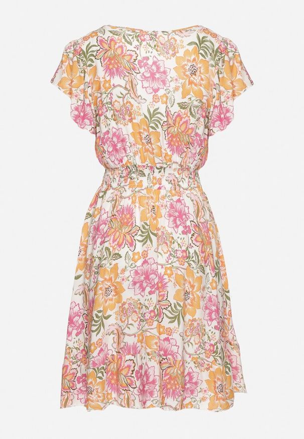 Born2be - Pomarańczowa Bawełniana Sukienka w Kwiaty z Kopertowym Dekoltem Rozkloszowana Jenovienna. Okazja: na co dzień. Typ kołnierza: dekolt kopertowy. Kolor: pomarańczowy. Materiał: bawełna. Wzór: kwiaty. Typ sukienki: kopertowe. Styl: elegancki, casual