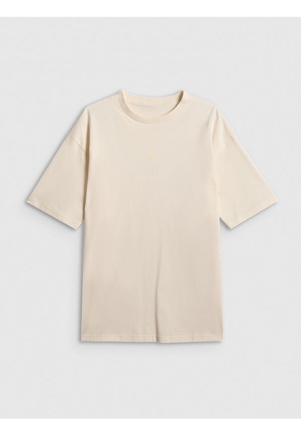 4f - 4F T-shirt loose gładki damski - beżowy S. Okazja: na co dzień. Kolor: beżowy. Materiał: bawełna, materiał. Wzór: gładki. Styl: casual