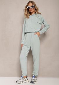 Renee - Miętowy 2-częściowy Komplet Dresowy z Gładkiej Dzianiny Bluza i Spodnie Honorille. Kolor: miętowy. Materiał: dzianina, dresówka. Wzór: gładki #1