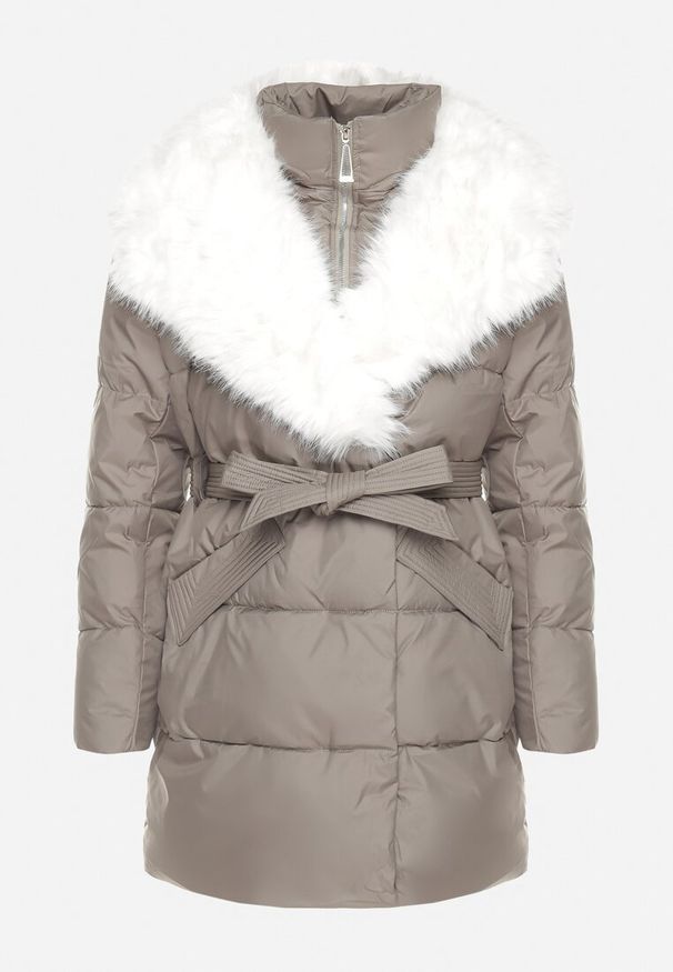 Born2be - Szara Pikowana Kurtka z Paskiem w Talii i Odpinanym Futrzanym Kołnierzem Edalithia. Okazja: na co dzień. Kolor: szary. Materiał: futro. Sezon: zima. Styl: casual, elegancki