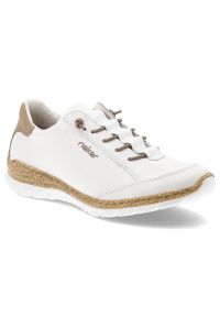 Półbuty damskie Rieker, cholewka ze skóry naturalnej gładkiej sportowa forma klasyczne sznurowanie lekka elastyczna podeszwa, białe, N42K5-80. Okazja: na co dzień. Zapięcie: sznurówki. Kolor: biały. Materiał: skóra. Szerokość cholewki: normalna. Wzór: gładki. Styl: klasyczny, sportowy #5