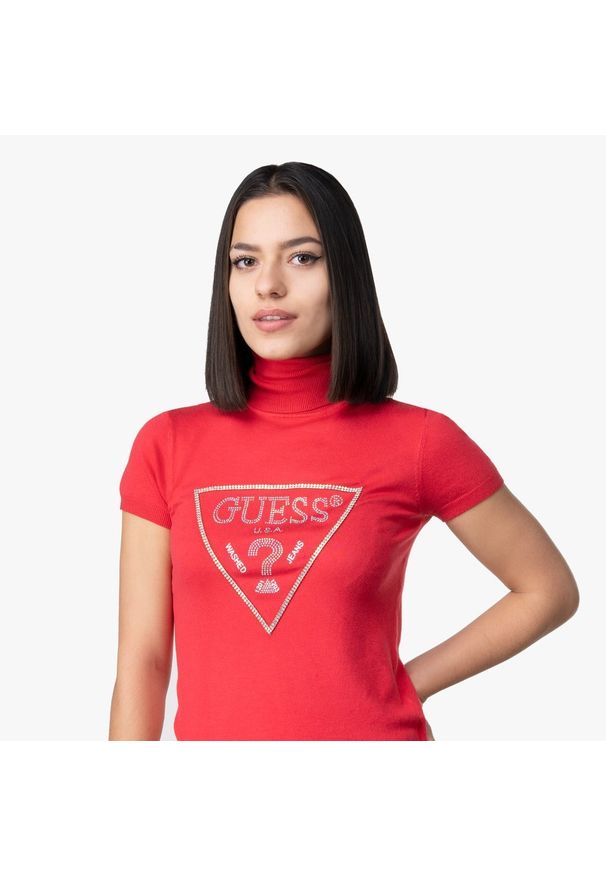 Sweter damski Guess Geralde (W0BR0RZ2NQ0-G5F0). Kolor: czerwony. Materiał: denim, materiał, jeans. Sezon: lato. Styl: młodzieżowy