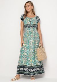 Born2be - Zielona Wzorzysta Sukienka Bawełniana o Rozkloszowanym Kroju z Marszczeniem w Talii Vialor. Okazja: na co dzień. Kolor: zielony. Materiał: bawełna. Długość rękawa: krótki rękaw. Wzór: aplikacja, kwiaty. Styl: casual, elegancki #1