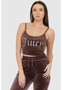 Juicy Couture - JUICY COUTURE Brązowy welurowy top z błyszczącym logo. Kolor: brązowy. Materiał: welur