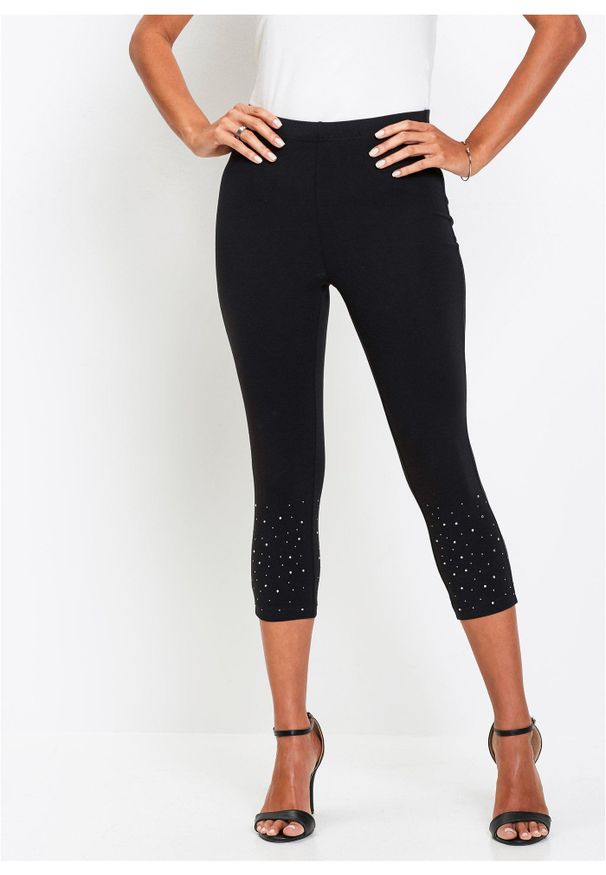 bonprix - Legginsy capri z mieszanki bawełny. Kolor: czarny. Materiał: bawełna. Wzór: aplikacja
