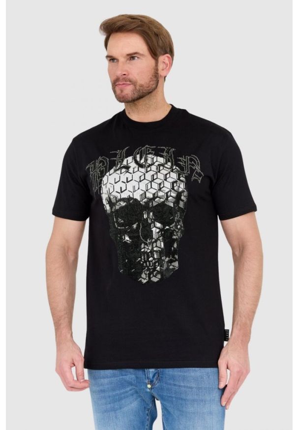 Philipp Plein - PHILIPP PLEIN Czarny t-shirt zdobiony dżetami z czaszką i logo. Kolor: czarny. Wzór: aplikacja