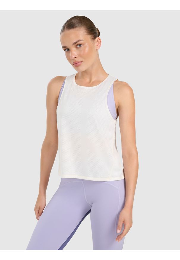 4f - 4F Top treningowy szybkoschnący damski - beżowy S. Kolor: beżowy. Materiał: tkanina, włókno, syntetyk, materiał. Sport: fitness, joga i pilates