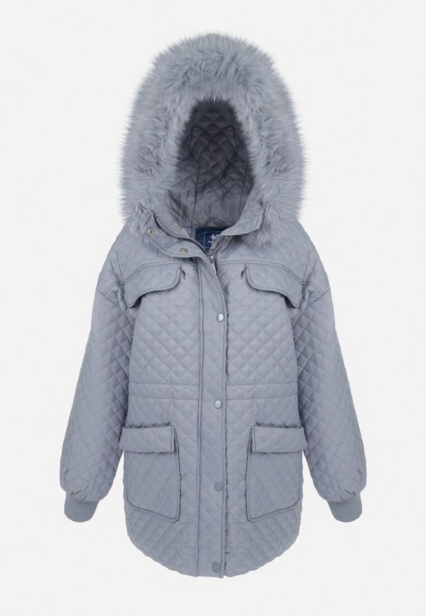 Born2be - Jasnoniebieska Kurtka z Futrzanym Kapturem i Drobnym Pikowaniem Esdrage. Kolor: niebieski. Materiał: futro. Wzór: jednolity. Sezon: jesień, wiosna