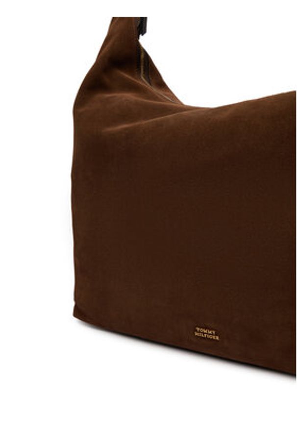 TOMMY HILFIGER - Tommy Hilfiger Torebka Th Statement Leather Hobo Suede AW0AW18403 Brązowy. Kolor: brązowy. Materiał: zamszowe, skórzane