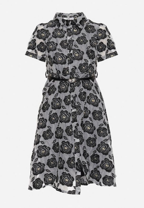 Born2be - Czarno-Szara Sukienka Koktajlowa o Koszulowym Kroju na Guziki z Paskiem z Perełką Vimari. Okazja: na wesele, na randkę, na ślub cywilny. Kolor: czarny. Długość rękawa: krótki rękaw. Typ sukienki: koszulowe. Styl: wizytowy