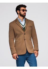 Ombre Clothing - Dzianinowa męska marynarka o dopasowany kroju - jasnobrązowa V4 - Rozmiar: XL. Okazja: na spotkanie biznesowe, do pracy, na co dzień. Kolor: brązowy. Materiał: dzianina. Styl: klasyczny, biznesowy, casual, elegancki #6