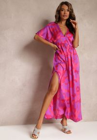 Renee - Fuksjowa Rozkloszowana Sukienka Maxi z Wycięciami Aleri. Kolor: różowy. Długość: maxi #5